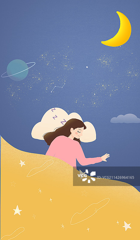 世界睡眠日晚安梦女孩闭眼月亮星空星球云图片素材