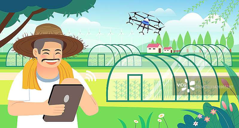 春天夏天新农民农村农业科技户外大棚培育种子无人机场景矢量插画图片素材
