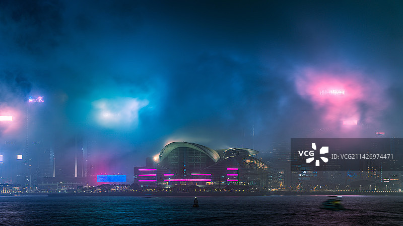 赛博朋克风格下的香港维多利亚港图片素材