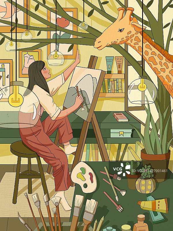 绘画女孩与长颈鹿互动图片素材