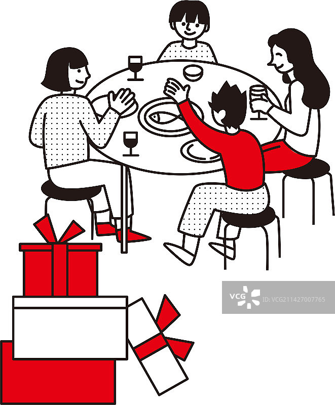 一家人一起吃晚饭过节收礼物图片素材