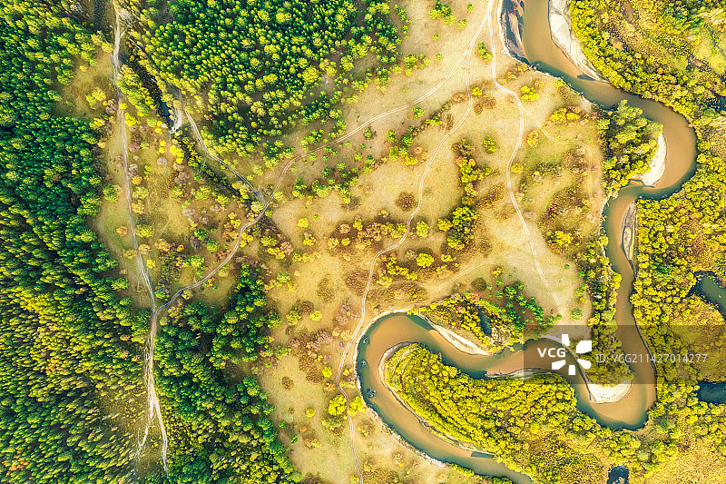 内蒙古自治区呼伦贝尔市鄂温克族自治旗辉河湿地（辉河林场）秋季户外风光航拍正上方视角图片素材