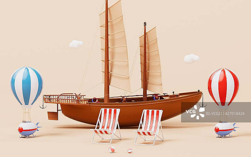热气球与帆船3D渲染图片素材
