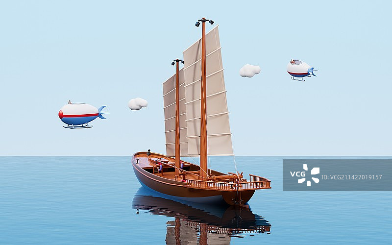 海洋上自由航行的帆船3D渲染图片素材