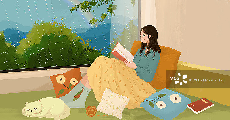 治愈系小清新插画一个女孩在雨天坐在温暖的房间看书图片素材