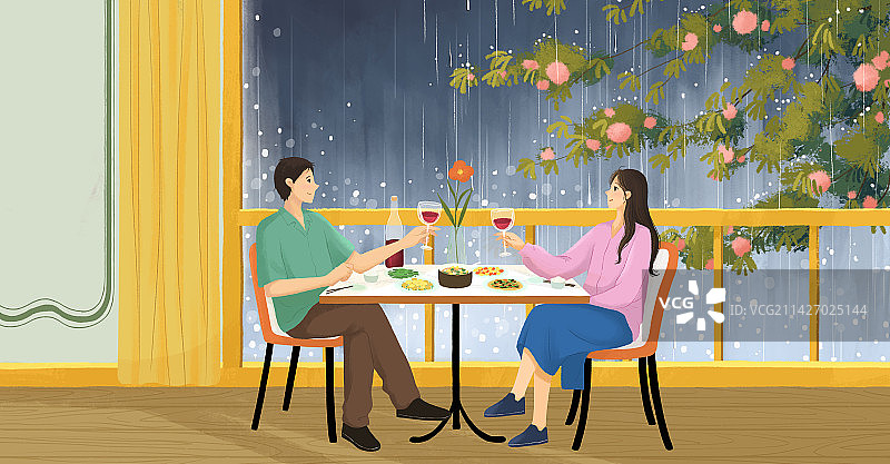 治愈系小清新插画一对情侣在餐厅吃饭喝红酒图片素材