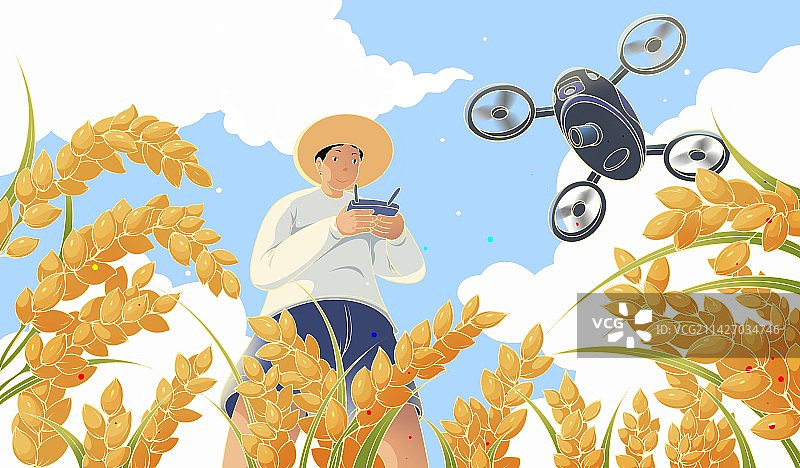 农民操控无人机科学耕种插画图片素材