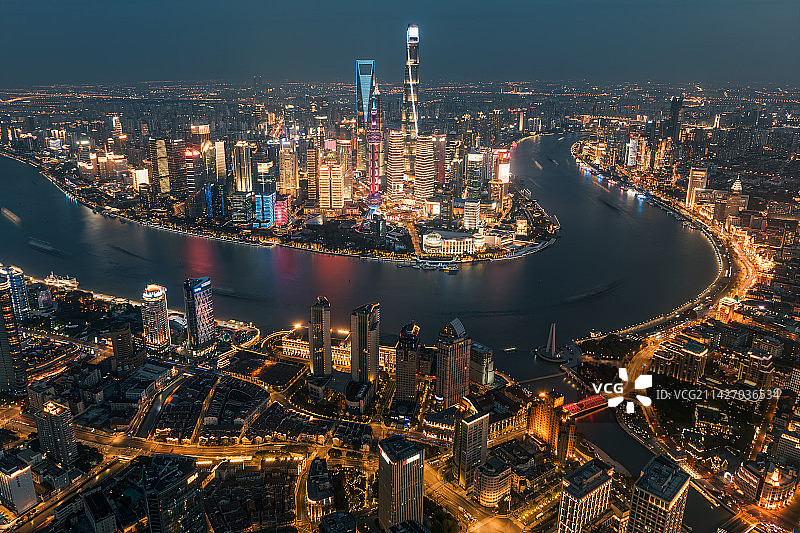 上海，浦江两岸，蓝调夜景航拍图片素材