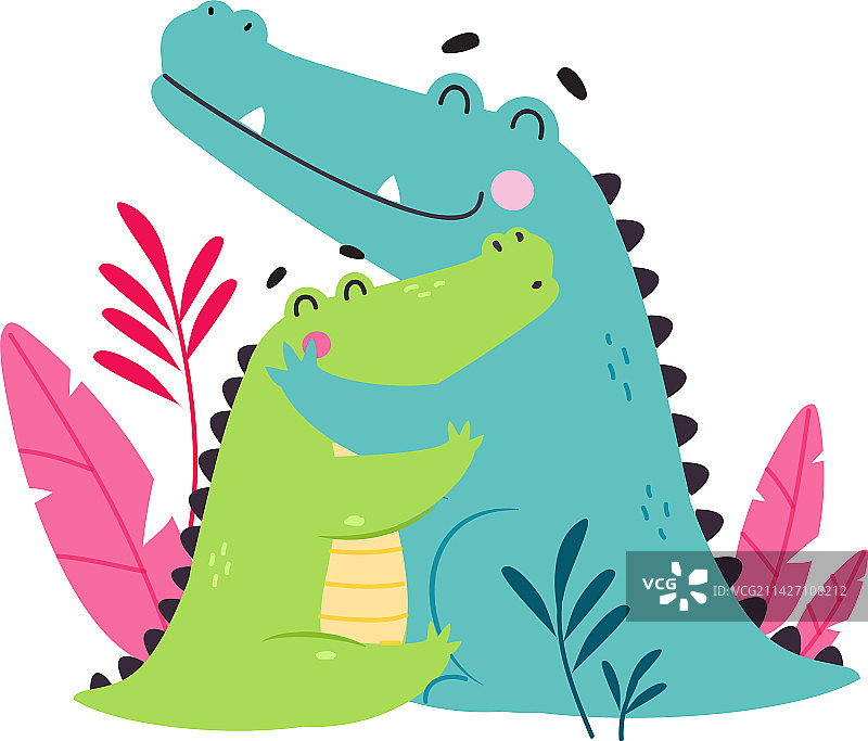 鳄鱼一家：可爱的鳄鱼妈妈拥抱宝宝图片素材