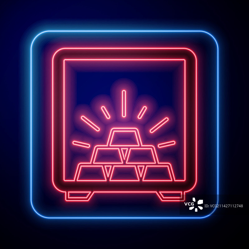 发光霓虹保险箱与金条图标图片素材