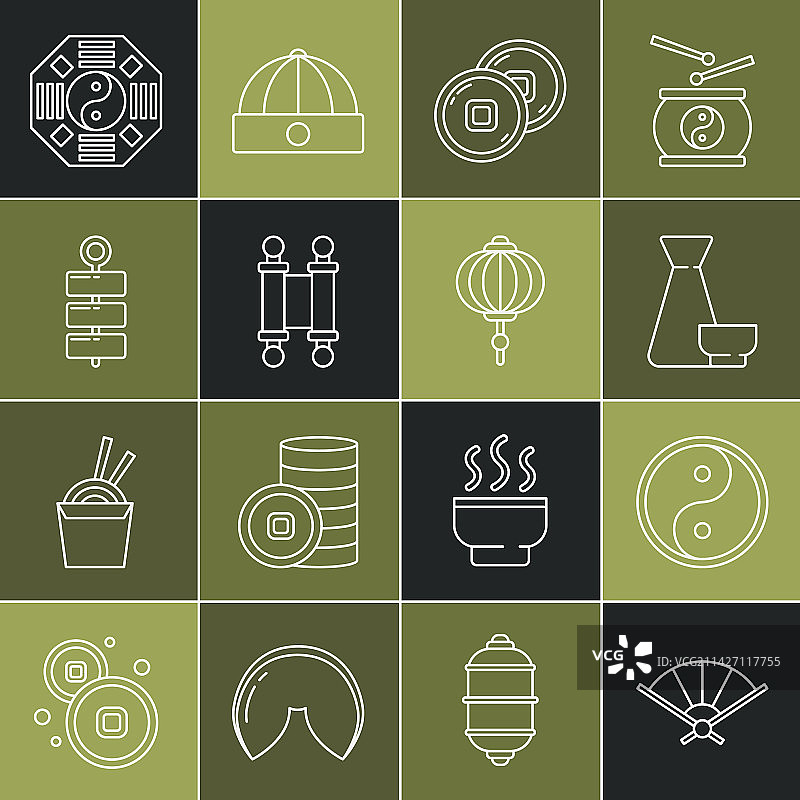 纸质中国折扇阴阳线条套装图片素材