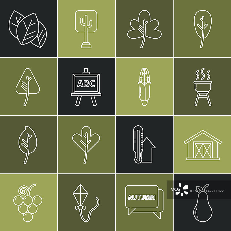线条元素：梨、农舍、烧烤架、树叶等图片素材