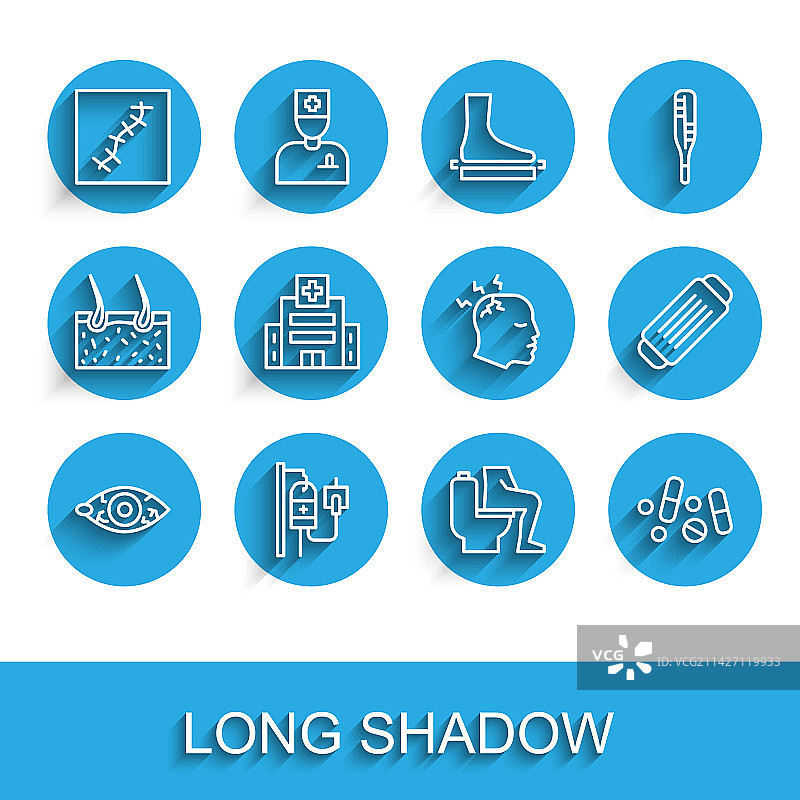 红眼、输液袋及缝线疤痕线性图标合集图片素材