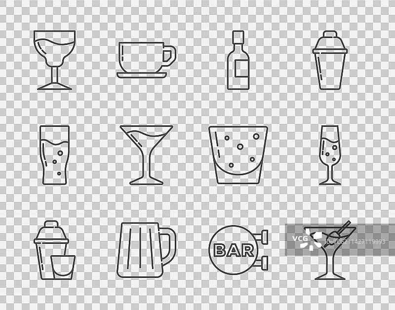 鸡尾酒、调酒器、马提尼酒杯、香槟线条图标图片素材