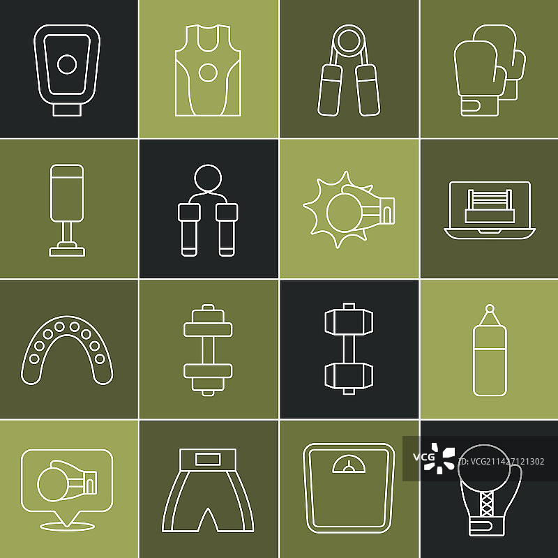 拳击手套、沙袋和拳击台线条组合图片素材