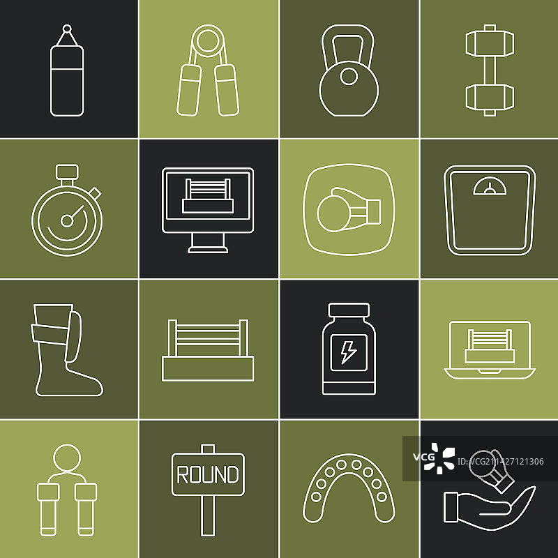 拳击手套、拳击台和体重秤组合图片素材