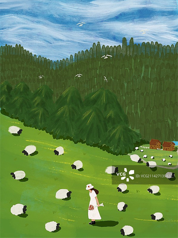 草地，少女和羊群图片素材