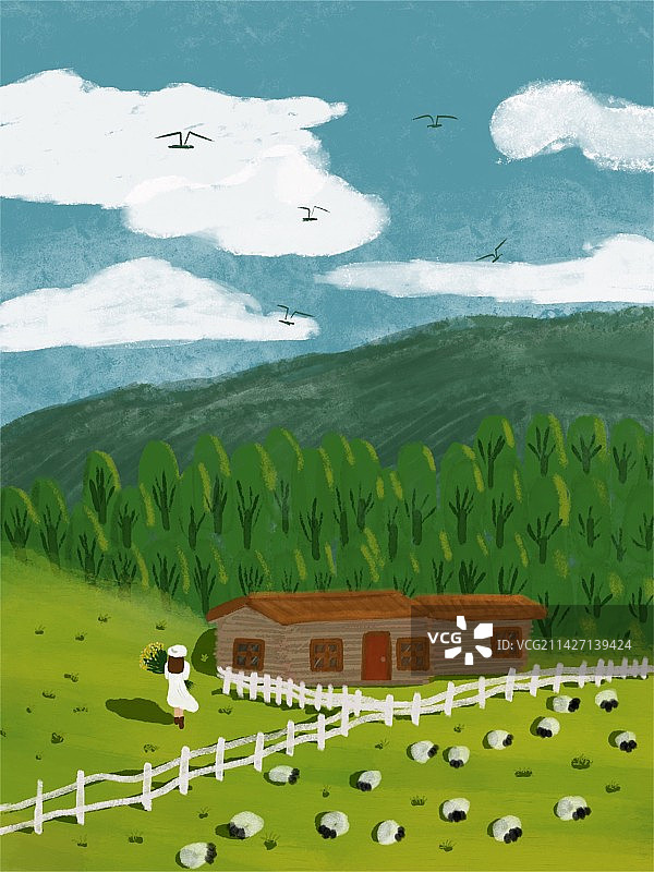 草地，少女和羊群图片素材