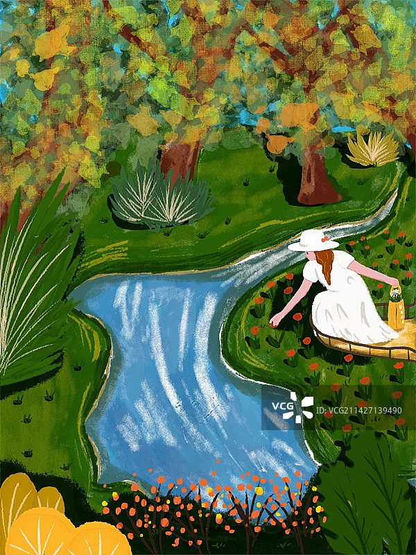 森林，溪水和少女图片素材