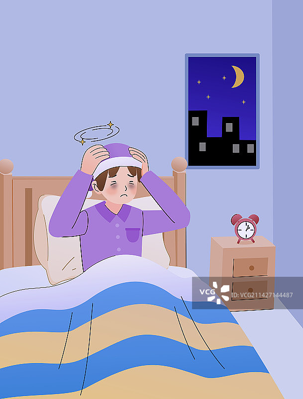 夜晚失眠睡不着扁平风格插画图片素材