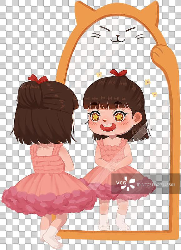 可爱的小女孩穿公主裙照镜子臭美开心儿童插画风格免抠素材图片素材