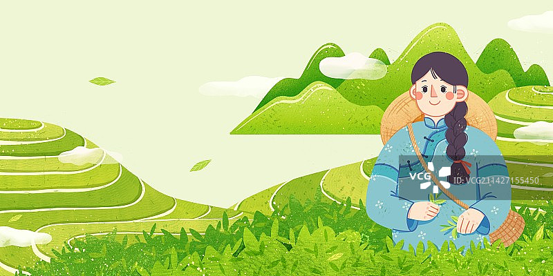手绘绿色清新春天谷雨节气茶山采茶插画图片素材