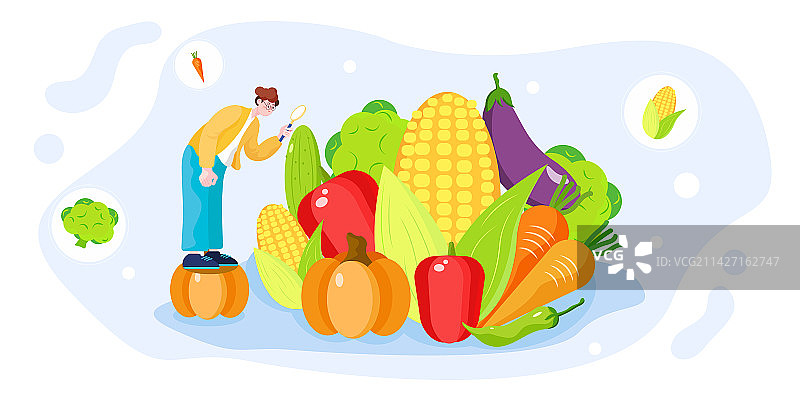 卡通研究员拿放大镜研究果蔬智慧农业蔬菜图片素材