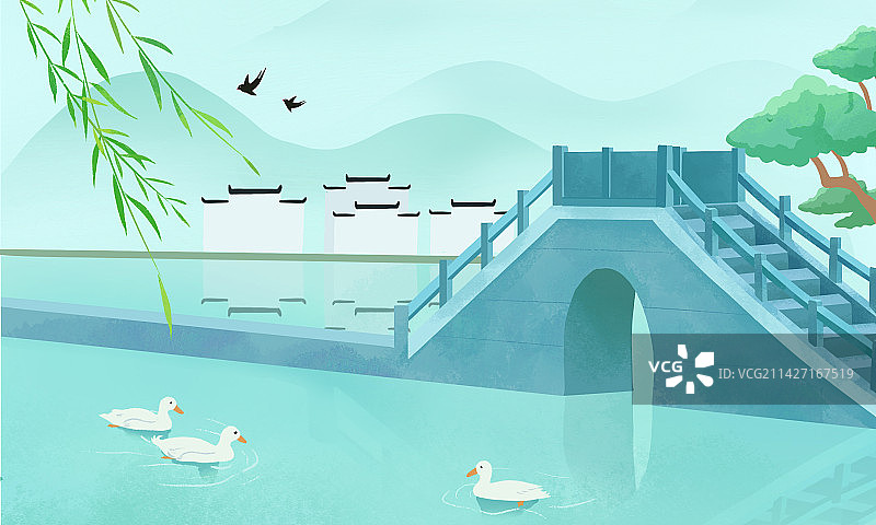 江南水乡风景插画图片素材