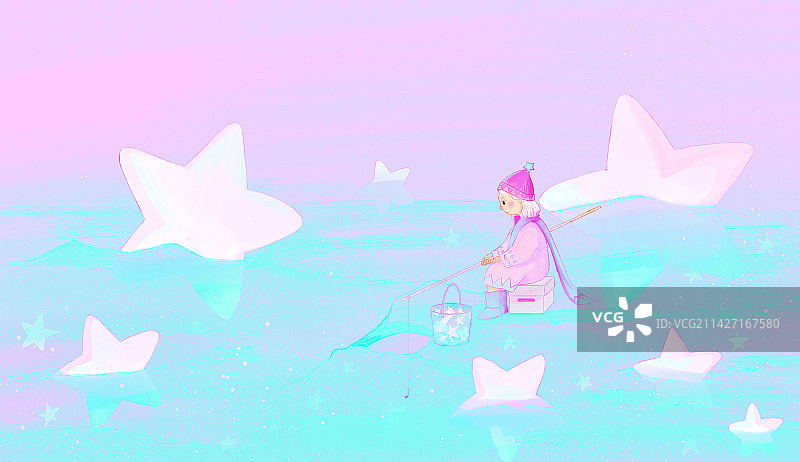 蓝色冰面星星垂钓白发女孩手绘插画图片素材