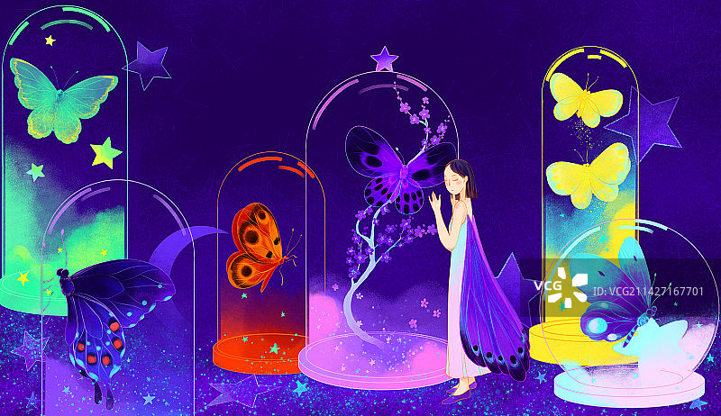 拥抱蝴蝶标本玻璃罩的少女星星月亮插画图片素材