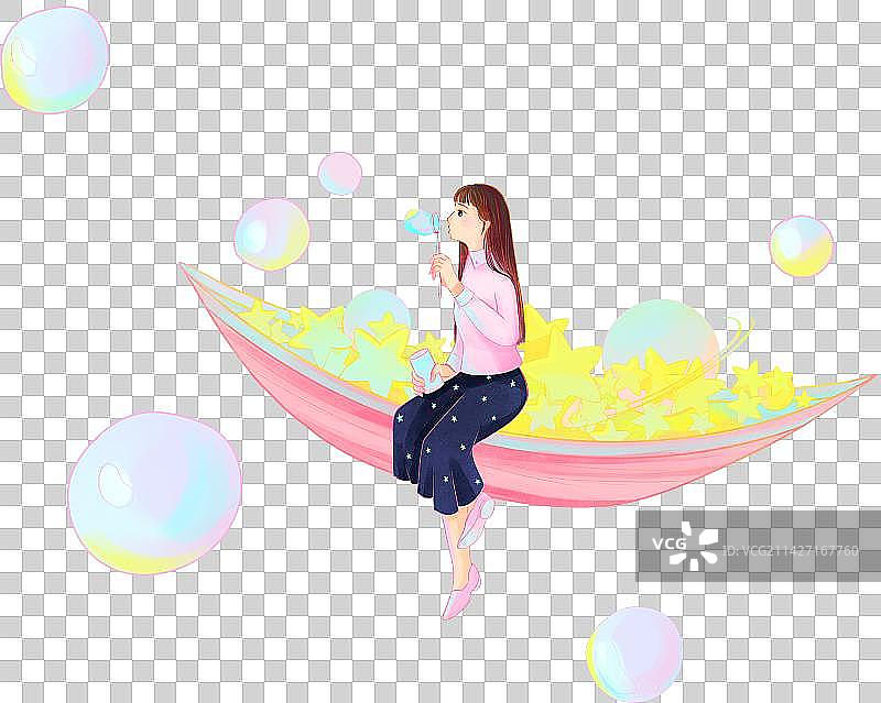 坐在星星船上吹泡泡的长发少女插画图片素材