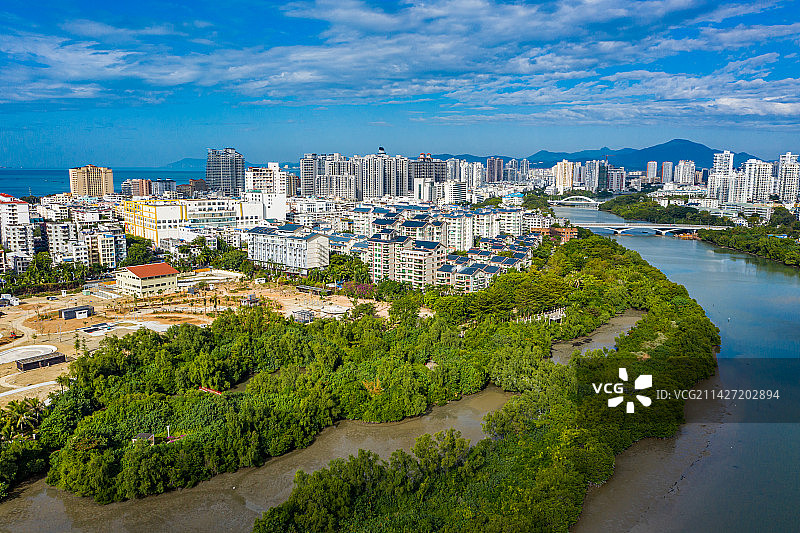 航拍海南三亚红树林公园 三亚城市乐园儿童公园 水上红树林栈道天然氧吧图片素材