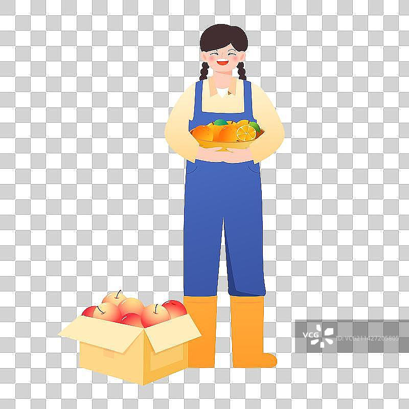 抱着橙子和苹果的开心的女孩矢量人物插画元素图片素材