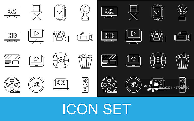 遥控器、盒装爆米花和电影院图标图片素材