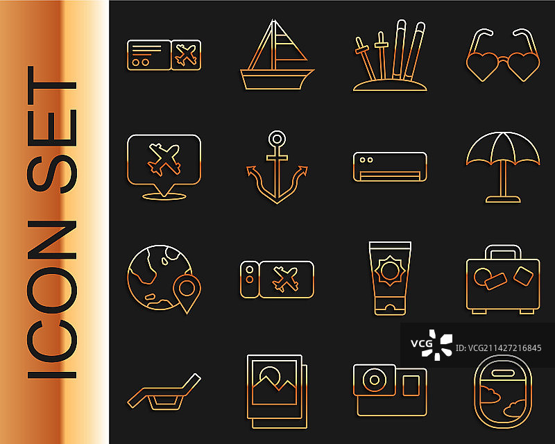 飞机舷窗、行李箱、防晒用品线条组合图片素材