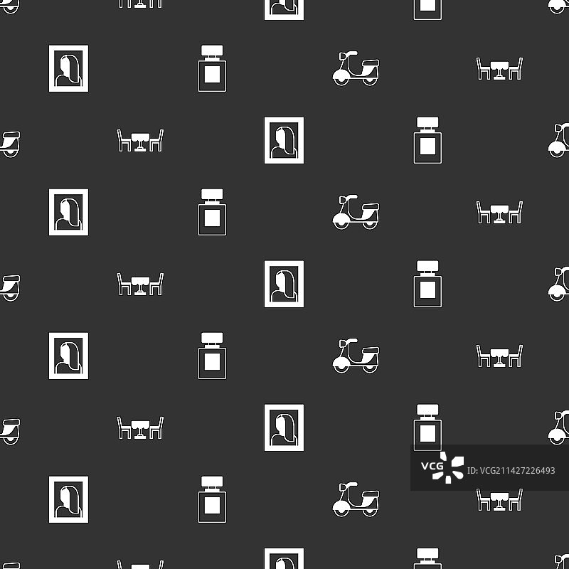 滑板车与法国咖啡馆画作图片素材