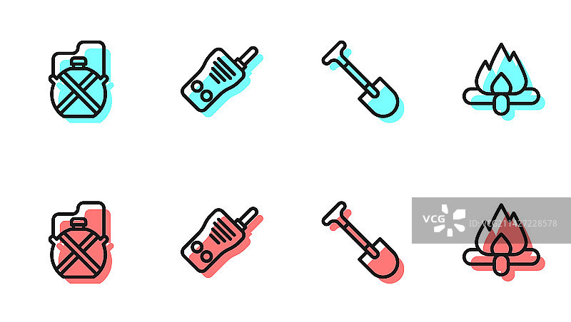 铲子、水壶、水瓶和对讲机图片素材