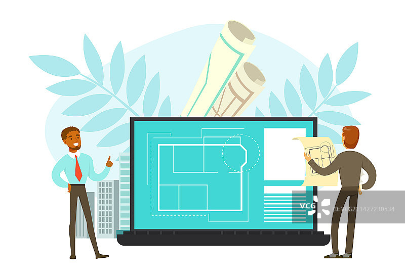 建筑师讨论项目和蓝图图片素材