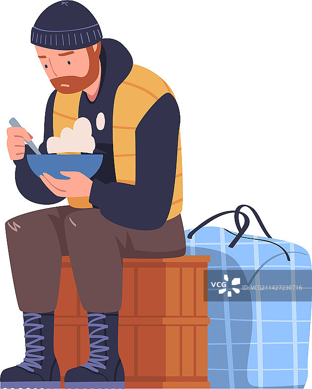 坐在行李箱上吃东西的难民男子图片素材