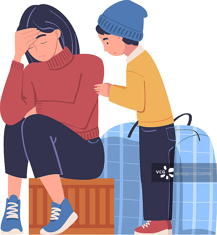需要帮助的难民：焦虑的母亲和她的孩子图片素材