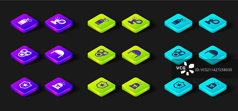 警察徽章闪光器警笛防毒面具套装图片素材