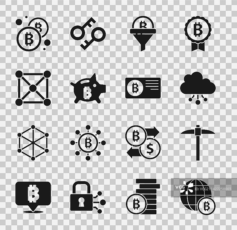 地球、比特币、鹤嘴锄与加密货币云设置图片素材