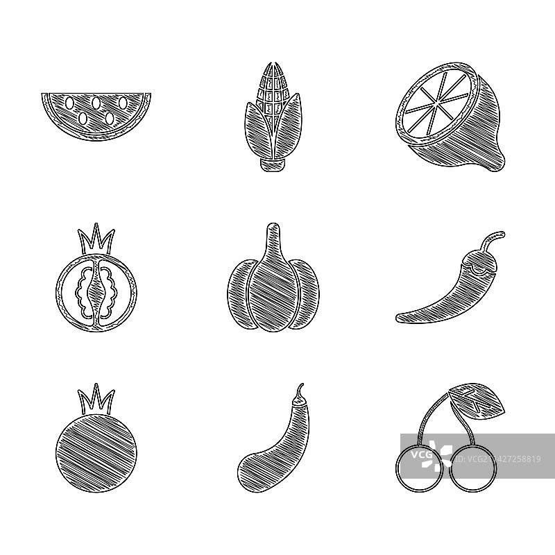 大蒜、茄子、樱桃和辣椒荚套装图片素材