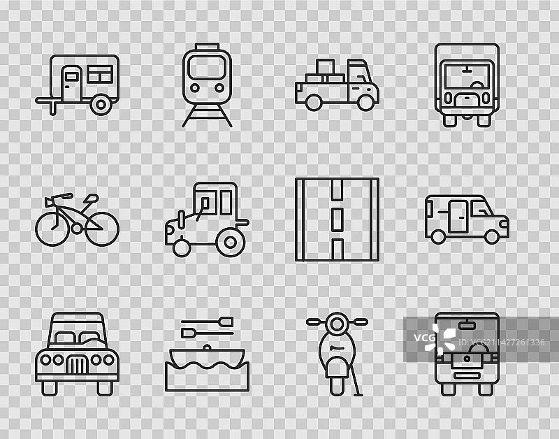 汽车巴士货运卡车带桨小船线性图标图片素材