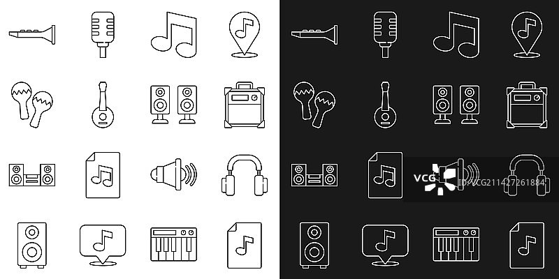 带音符、耳机、吉他的音乐书线条组合图片素材