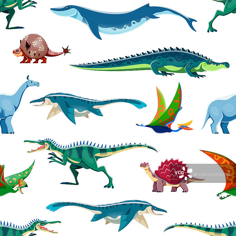 卡通恐龙角色无缝图案图片素材