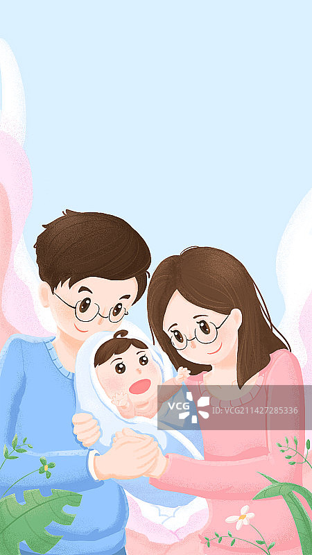 父亲母亲新生宝宝家庭和睦温馨拥抱关爱纯插画背景图片素材