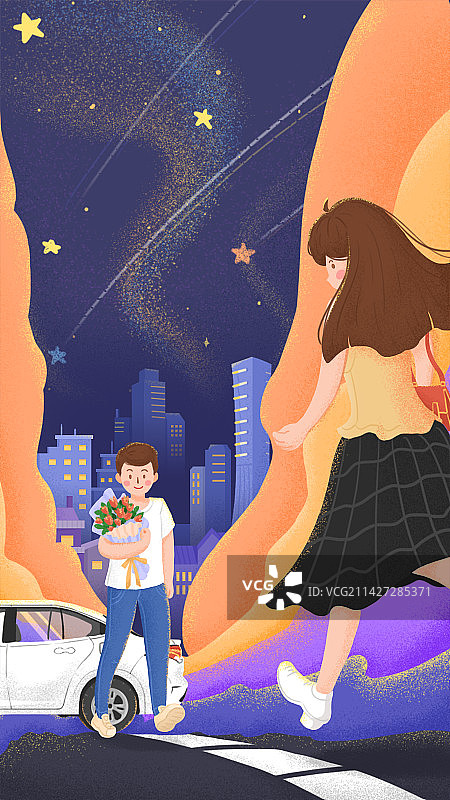 情侣开车约会接送在城市彩色星星的夜里图片素材