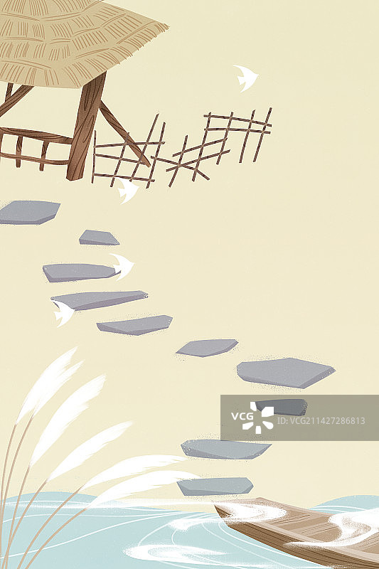 古风无人的渡口风景插画图片素材