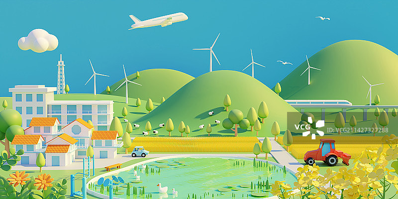 3D青山绿水蓝天白云新农村油菜花丰收创意图图片素材